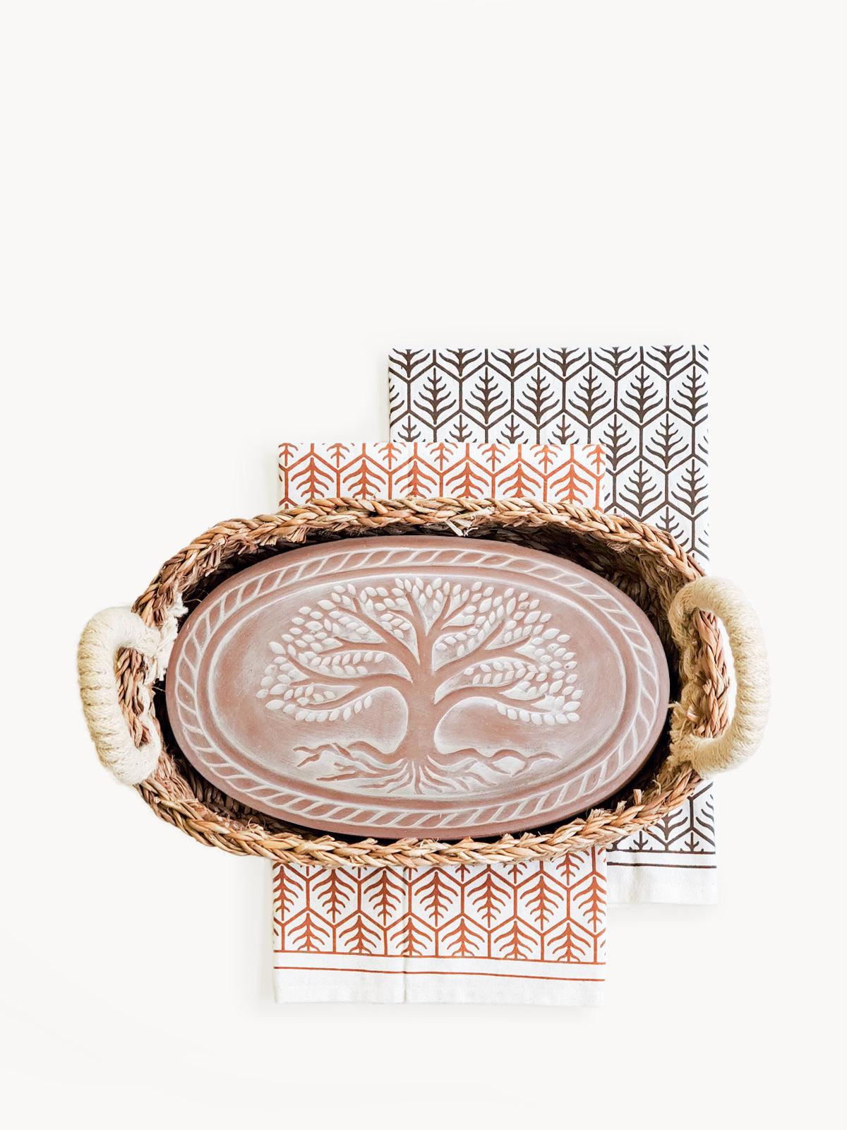 KORISSA: Bread Warmer & Basket Gift Set with Tea Towel - Tree of Life Oval
