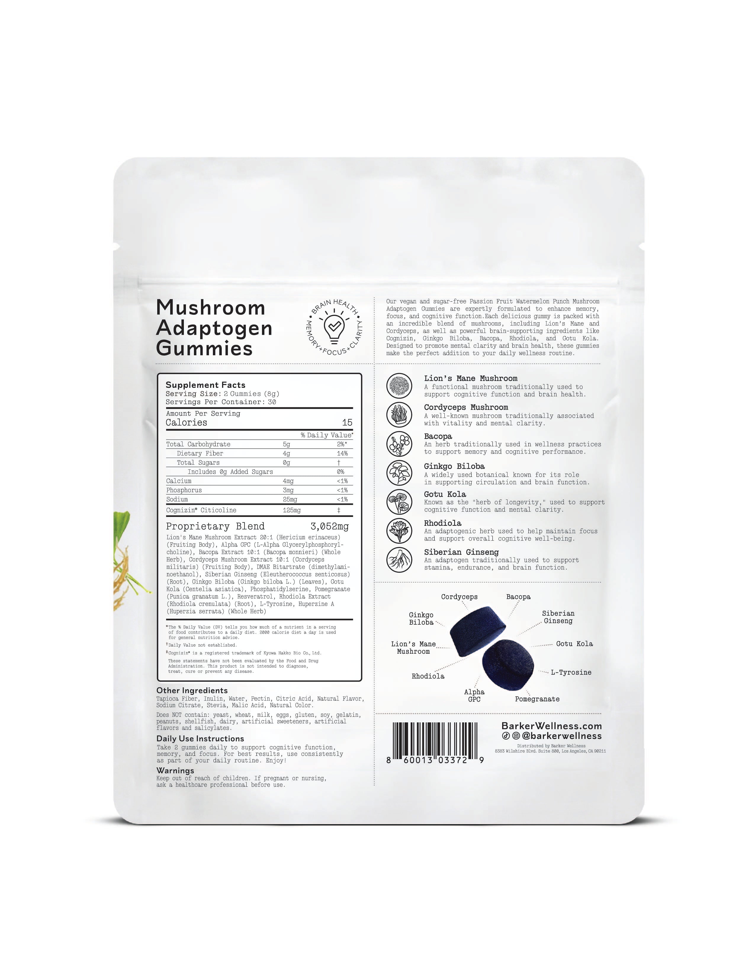 Barker Wellness: Mushroom Adaptogen Gummies - Focus/Brain Health
